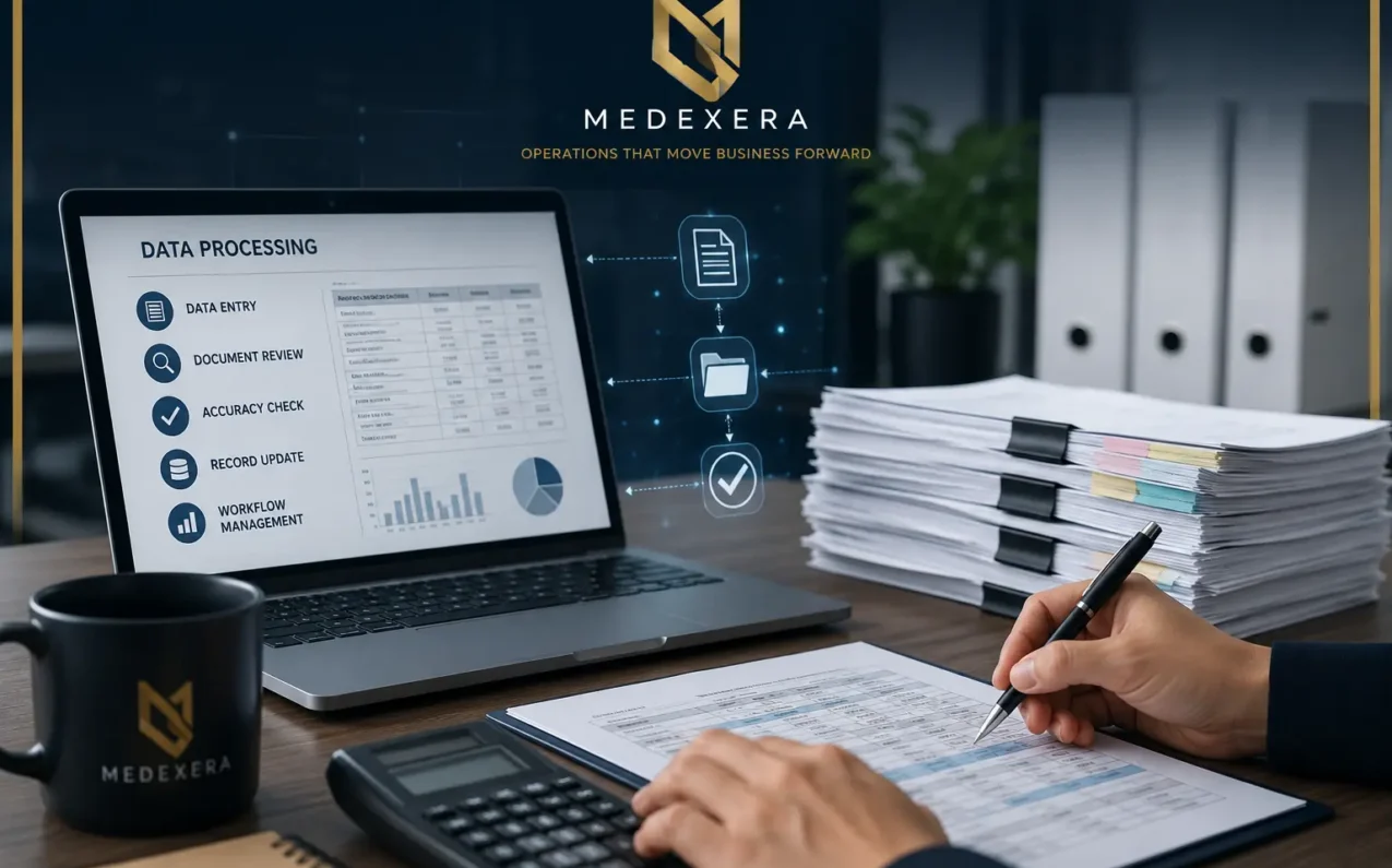 Medexera Operations team in the US reviewing documentation workflow and data processing tasks
