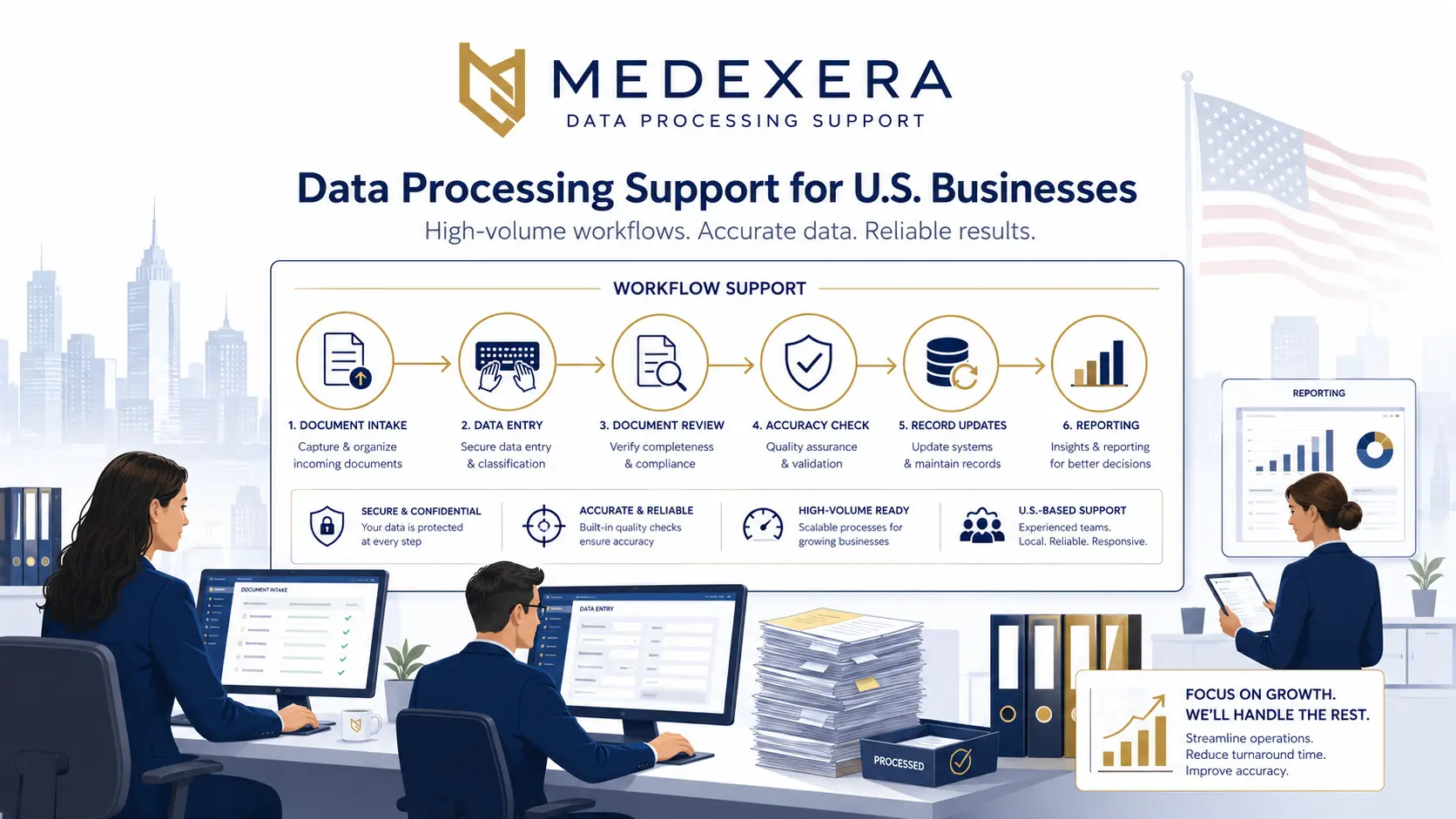 Medexera staff managing high-volume administrative records and structured data entry for US company