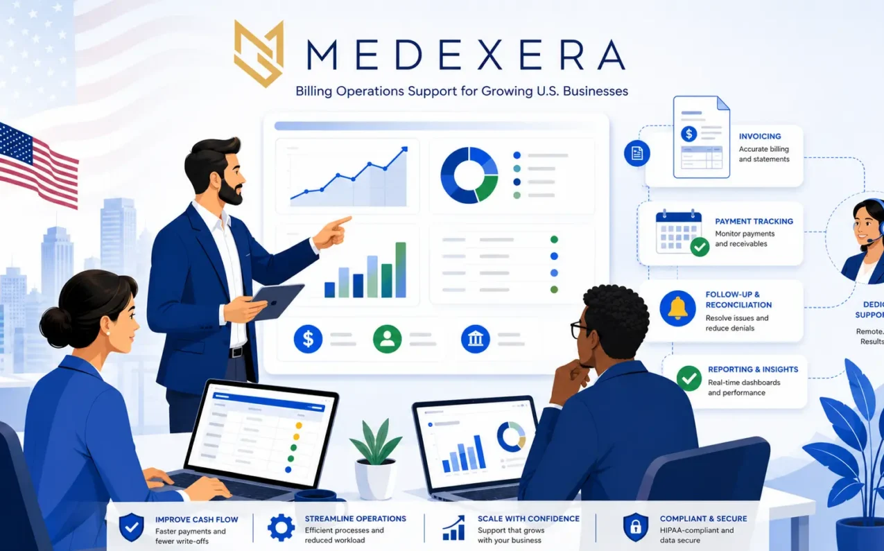 Medexera team in the US reviewing billing operations dashboard and invoice workflow performance