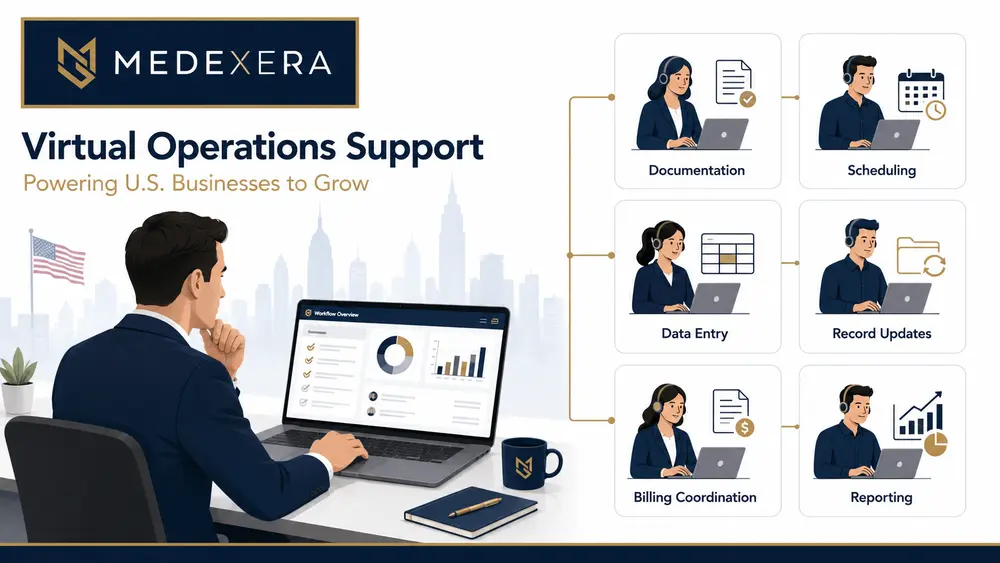 Medexera Virtual operations support team helping a growing U.S. business manage administrative workflows remotely